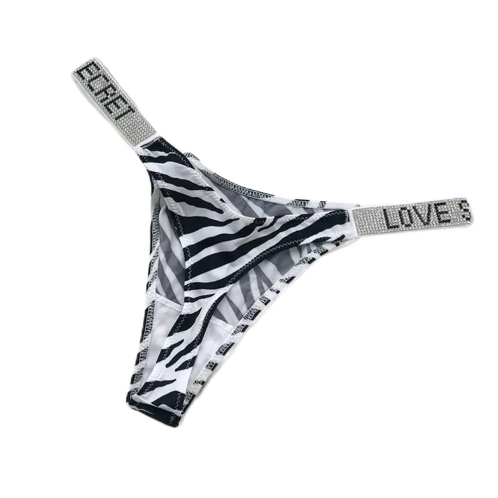 Pogster Women's Zebra-Stripe Mid-Rise Thong Underwear With Rhinestone Strap, Black (Uk, Alpha, M, Regular, Regular, )