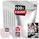 2 Quart Mylar Bags 100pcs with 500cc Oxygen Absorbers-112 Labels & Stand-Up Reusable Airtight Long Term Food Storage Resealable Bags with 5 Clips -10 MIL Food Storage Large Mylar Bags