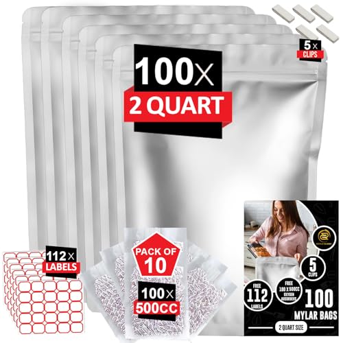 2 Quart Mylar Bags 100pcs with 500cc Oxygen Absorbers-112 Labels & Stand-Up Reusable Airtight Long Term Food Storage Resealable Bags with 5 Clips -10 MIL Food Storage Large Mylar Bags