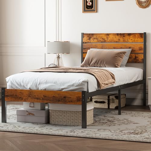 Image of OLIXIS Twin Platform Bed Frame with Wooden Headboard and Footboard, Heavy Duty Metal Slat Mattress Base, 500 LBS Weight Capacity, Sturdy Stable Structure, No Box Spring Needed, Quick Simple Assembly