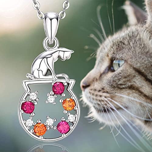 Cat Necklaces 925 Sterling Silver Cat Gifts for Cat Lovers Zirconia Cat Moon Necklace with Chain Cute 3D Cat Pendant Animal Crystal Jewellery Gifts for Women Girls (with Gift Box)