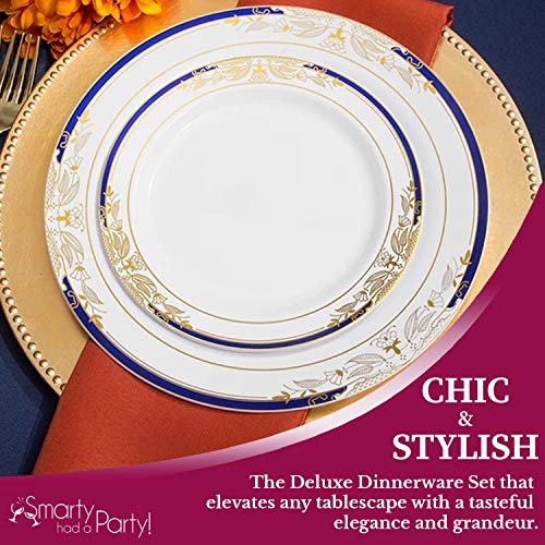 Disposable Plastic Dinnerware Wedding Value Set For 60 Guests - Fancy Round White With Blue & Gold Dinner Plates, Dessert/Salad Plates, Gold Silverware Set & Cups For Birthday Party & Other Occasions #TOP3