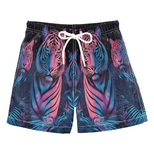 Jucciaco Boys Beach Board Shorts Tiger Cat White Animal Quick Dry Swim Trunk Swimwear for Kids