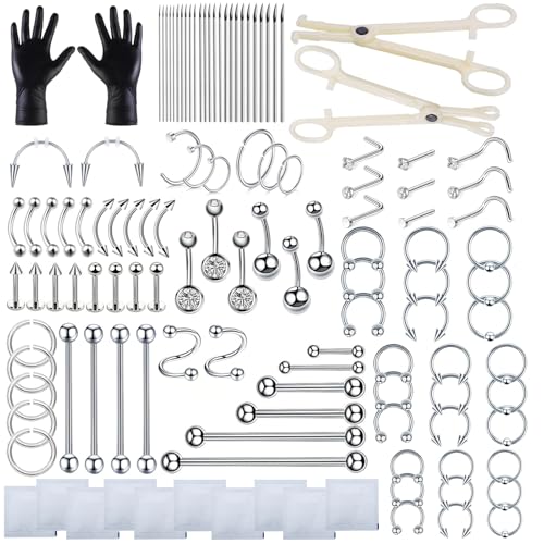 HOINCO 124 Pcs Body Piercing Kit pour Ponction Naso - Abdominale et Linguale Complète Avec Aiguille de Ponction 12G 14g 16g 18g 20g. (Acier inoxydable)