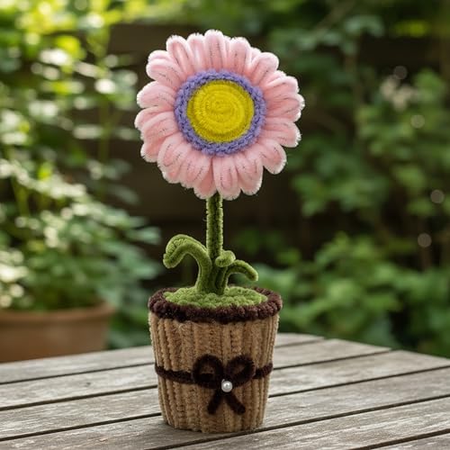 Image of Handmade Artificial Flower Pot for Home Decor | Cute Fuzzy Wire Pipe Cleaner Flower Plant | Aesthetic Tabletop Decorative Pot for Home, Office & Gifting (Soft Bloom :- Purple-BabyPink)