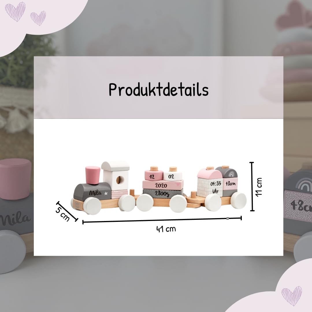KIDSLINO Holz Eisenbahn rosa - personalisierbar I Geschenk zur Geburt Mädchen I Handmade Holzspielzeug mit Steckformen I Personalisierte Geschenke Baby I Holzzug mit Name & Geburtsdaten