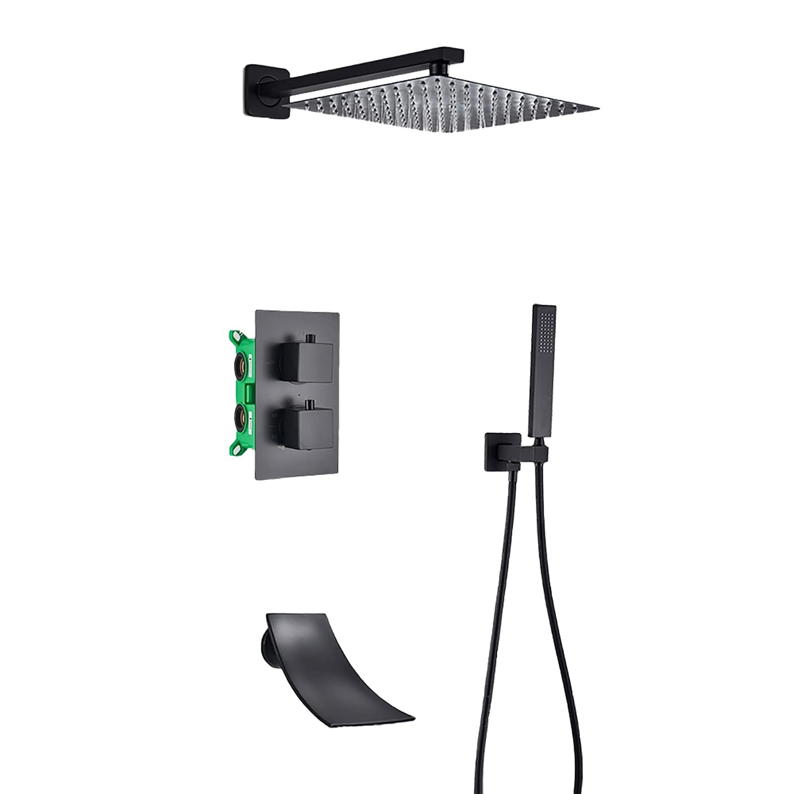 NGDFGR Thermostatic Shower With Waterfall Tub Spout Black Shower Faucet Set Wall Mounted Square Rainfall Shower Head With Handheld Shower Set Rain Mixer Shower Combo Set,8 I,size_name-8 inches