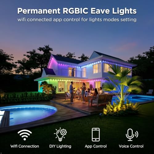 Image of Outdoor Permanent Lights for House 50ft - RGBIC Color Changing Year Round