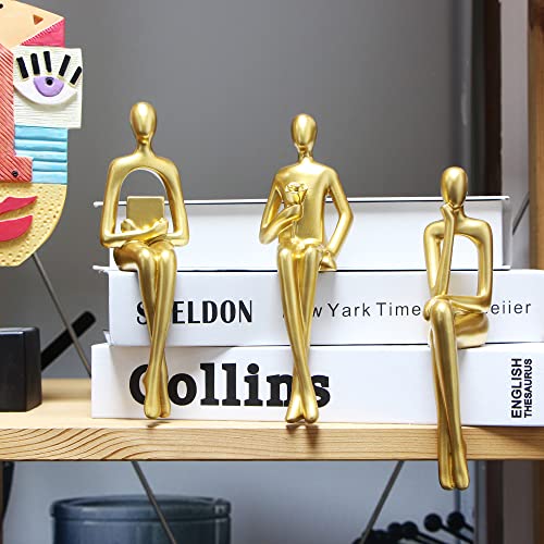 Kilarero 3Pcs Gold Decor Sitting Thinker Statue Abstract Sculpture, Bookshelf Decor Accents Resin Collectible Figurines For Home Office Living Room Table Desktop Decor(Gold) #TOP6