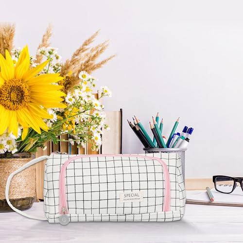 Image of Zzrywuty Big Pencil Case Pouch Large Capacity Soft Quilted Pen Bag for Teens Girls Adults Student Simple Stationery Bag School College Office (White Checkered)
