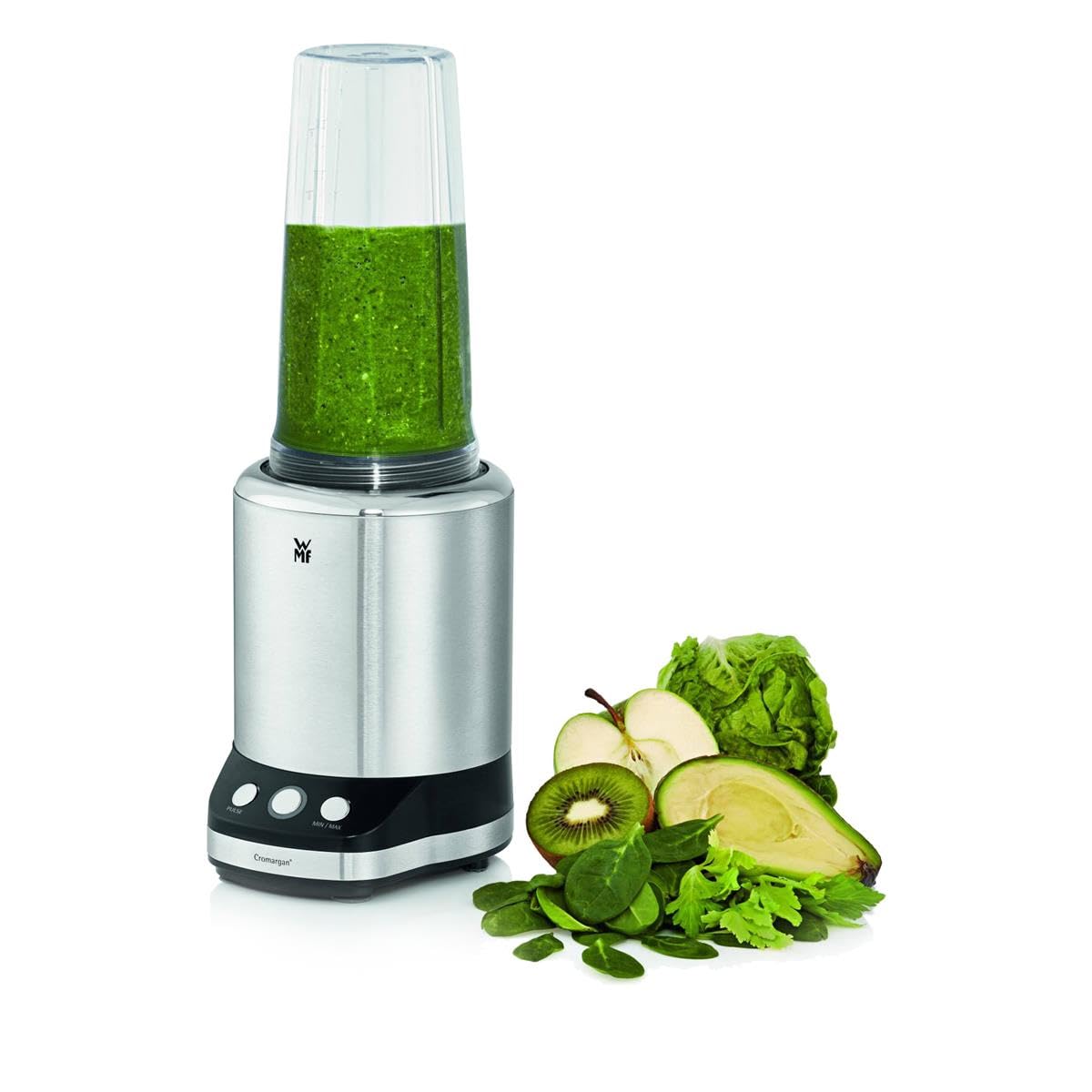 WMF Kult X mikser wielofunkcyjny, 25 000 obr./min, 900 W, 2 prędkości, 4 pojemniki do miksowania, butelka ToGo, nóż z krzyżowymi ostrzami do smoothie, jednostka nożowa z płaskimi ostrzami do rozdrabniania