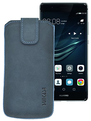Suncase Original Etui Tasche für Huawei P9 | mit ZUSÄTZLICHER Hülle/Schale/Bumper *Lasche mit Rückzugfunktion* Ledertasche Schutzhülle Hülle Hülle in Pebble-Blue | Inkl. TPU