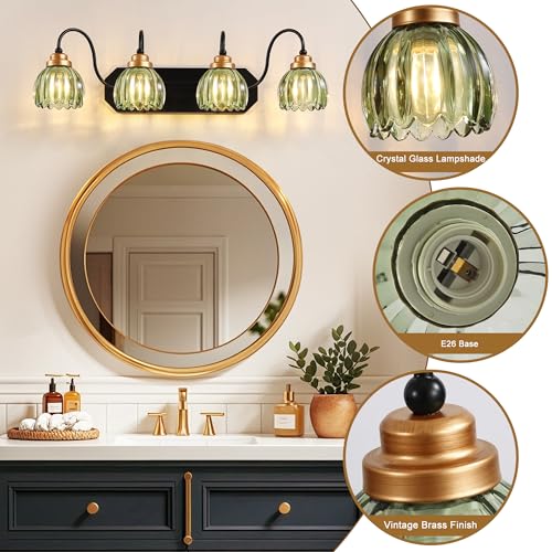 Image of Vintage Gold Bathroom Light Fixtures, 4 Light Green Tulip Crystal