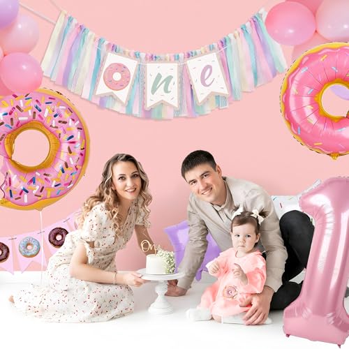 Image of Kriyokiaa Donut Highchair Banner 1st Birthday Girl Sweet One Birthday Party Decorations Rainbow High Chair Banner Photo Background