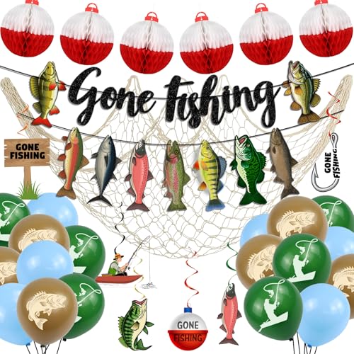Fishing Birthday Party Decorations Gone Fishing Themed Banner Fish Net Decor Garland Honeycomb Balloons