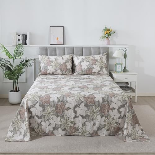 GIGBEI Percale cotton sheets, vintage botanical print, deep pocket fitted sheet, soft crisp breathable bedding, 4-piece set, shabby chic, cal king, adjustable, lightweight, leaf, u2013