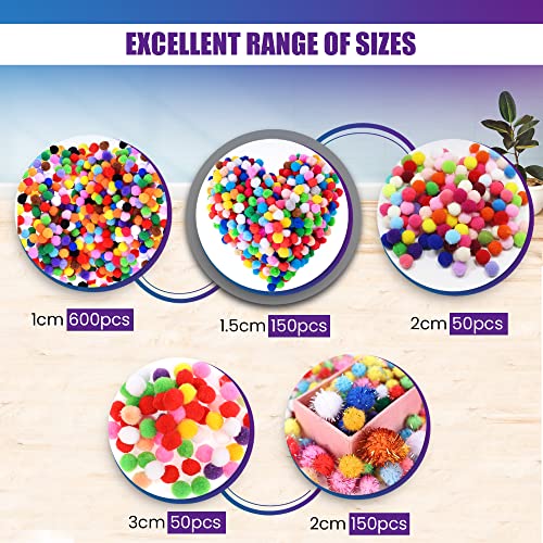 1000 Pcs Mixed Color 1.5, 2 Inch Pom Poms With Glittery Pom Pom Balls - Assorted Sizes Pom Poms For Crafts - Bright Pom-Poms - Large And Small Pom Poms Arts And Crafts - Craft Poms Poms Bulk #TOP1