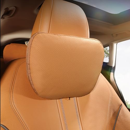POKSRI Genuine Leather Car Neck Pillow for headrest,Support Drive Seats Head Cushion,Real Cow Leather,Plant-Based Polyester,Thickness & Height Adjustable,Inner Liner fillable(Orange Brown,1p)