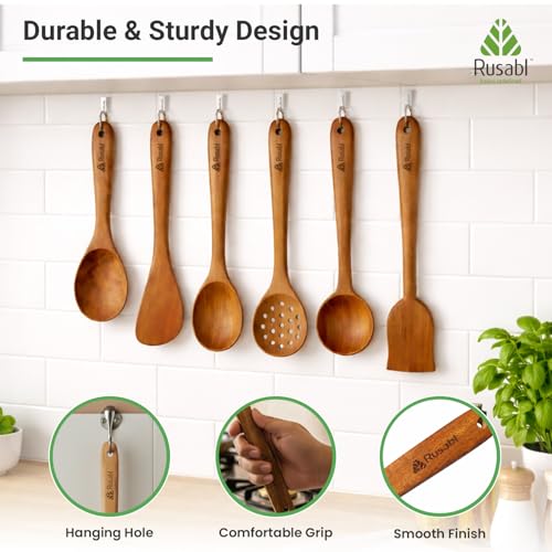 Image of Rusabl Pack of 6 Neem Wood Spatula, Spoonula, Slotted Spoon, Ladle, Turner | Serving Spoon, Seamless Design Non Stick Cookware for Cooking and Baking