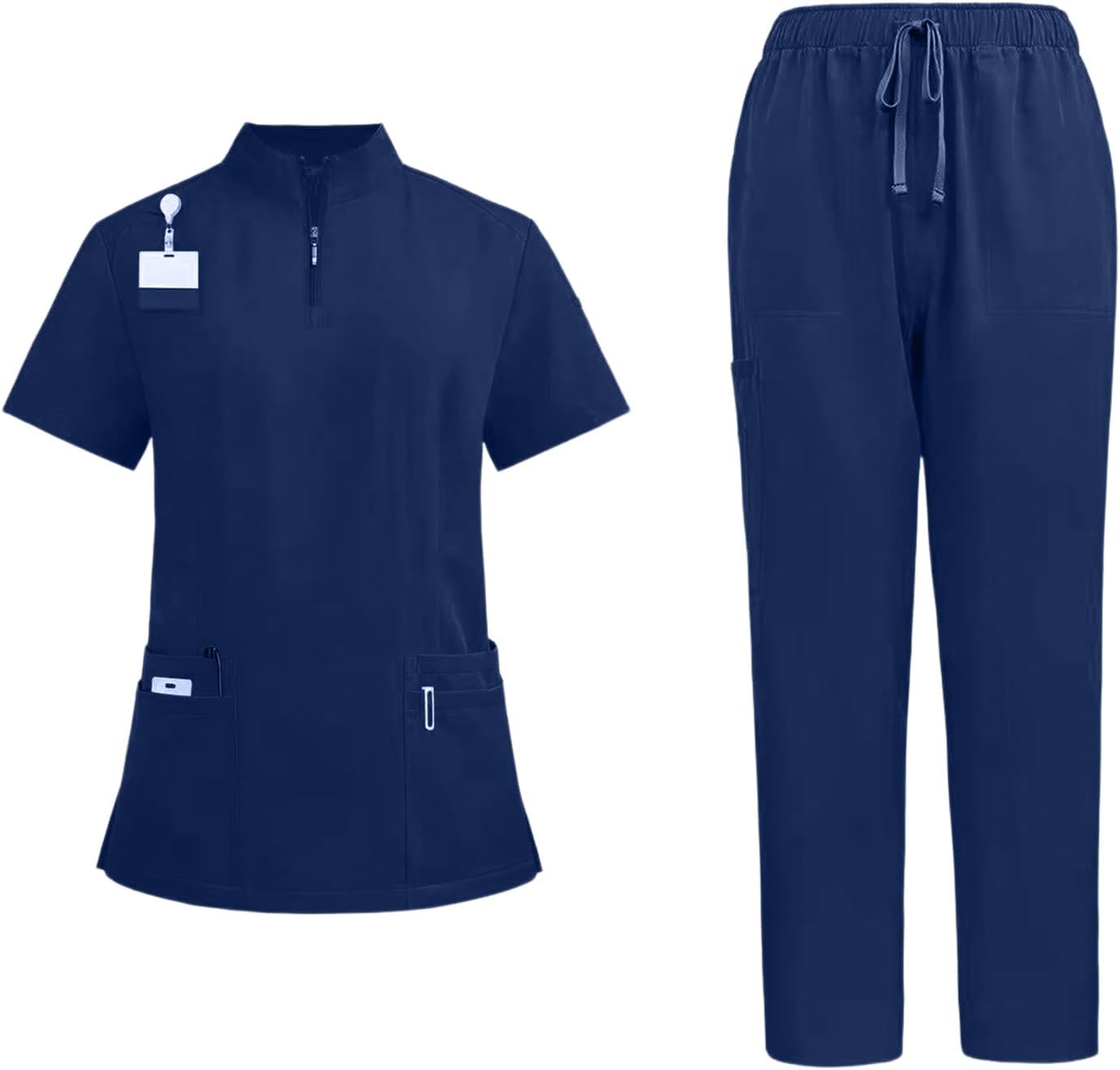WENKOMG1 Men's Scrubs Set Spring Summer Uniform Scrub Top & Cargo Pant with Multi Pockets