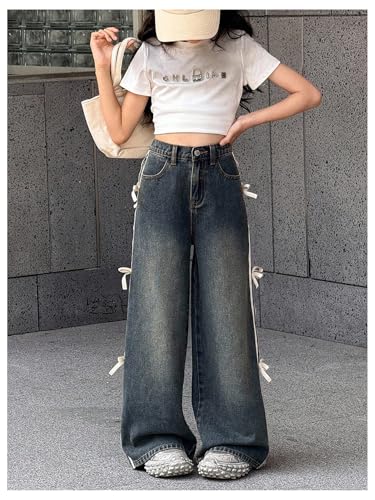 Girl's Striped Baggy Jeans Y2k Bowknot Wide Leg Denim Pants with Pockets Streetwear4