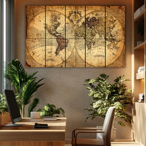 Image of NobleDecor Vintage World Map Wall Art, 5 Panel Canvas Print, Antique Globe Design, Rustic Home Decor (36x60)