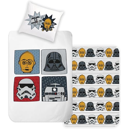 Disney Home Star Wars Parure de lit réversible 140 x 200 cm – Taie d'oreiller 60 x 70 cm – Super Doux renforcé 100% Coton 2 pièces Parure de lit Star...