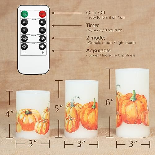 Image of Fall Flameless Candles with Remote, Set of 3 Pumpkin Design LED Candles with Timer and Dimmer Function, Home Party Wedding Autumn Thanksgiving Day Decor