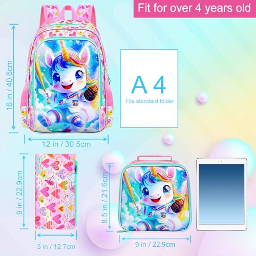 Image of 16 inch Unicorn Backpack for Girls, 3Pcs School Bookbag Set with Lunch Box,Kids Backpacks for Elementary Preschool Kindergarten (Pink)