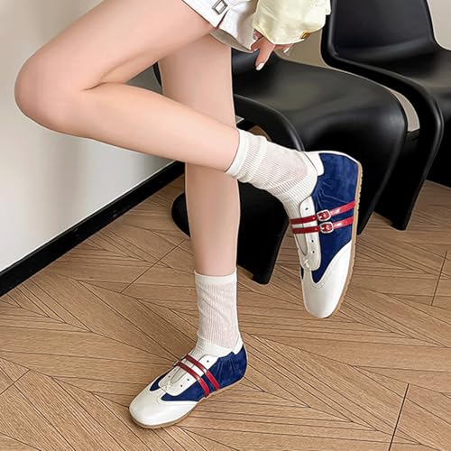 Ballet Sneakers for Woman Leather Buckle Color Block Wide Box Square Toe Trendy Ballerina Flats Fancy Retro Ballet Shoes 2025 Spring Summer Comfortable Soft Casual Daily Walking Footwear2