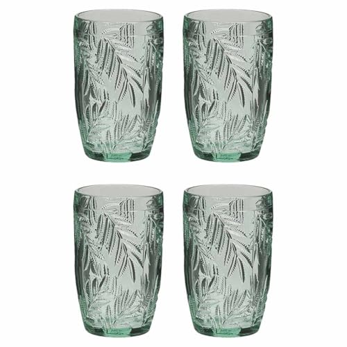 Image of Dibor Highball Tumblers Set of 4 Palm Leaf Embossed Green Glassware Set
