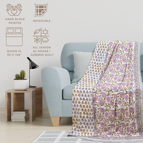 Image of TOAIArt Premium Jaipuri Dohar | AC Blanket Summer Quilt | Hand Block Printed | 3 Layers | Reversible | 150GSM 100% Mulmul Cotton | 100% Cotton Flannel Filling | Queen 90 inch X 108 inch|Round Florals Leaves