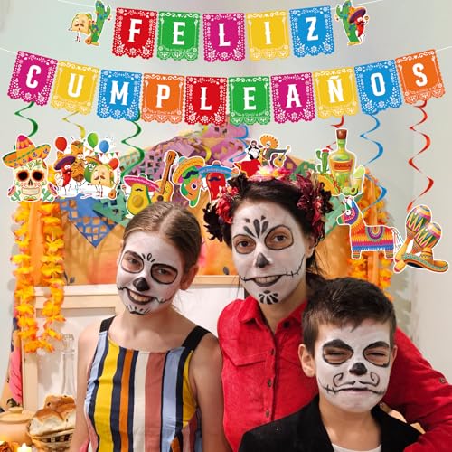 Image of Rakuto Mexican Birthday Party Decorations - 10PCS Mexican Party Decorations Feliz Cumpleanos Banner Hanging Swirls Decoration Fiesta Themed Dia De Los Muertos Cinco De Mayo Birthday Decor Supplies