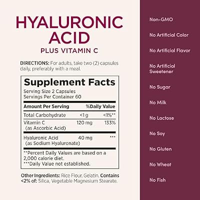 Nature's Bounty Vitamin C and Hyaluronic Acid Supplement, Supports Glowing Skin, Immune Function & Collagen Production, 120 Capsules - 60 Day Supply, Optimal Solutions Supplements for Skin Health