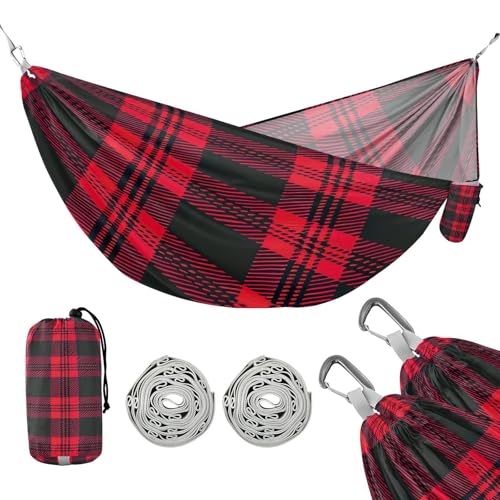ATTX Red and Black Plaid Camping Hammock - Lightweight & Portable Hammocks, Heavy Duty 330lbs Capacity for Indoor, Hiking, Backpacking, Travel, Backyard, Beach#404