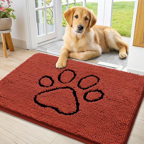 Image of Smiry Dog Door Mat for Muddy Paws, Absorbent Dirt Trapper Non Slip Quick Dry Washable Chenille Mat for Mud Dogs, Entry Rug for Indoor and Outdoor (36x24 Inches, Maple Red and Black)