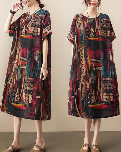Image of LUZU JUNU Women's Summer Baggy Plus Size Loose Cotton Linen Long Boho Beach Dress with Pockets
