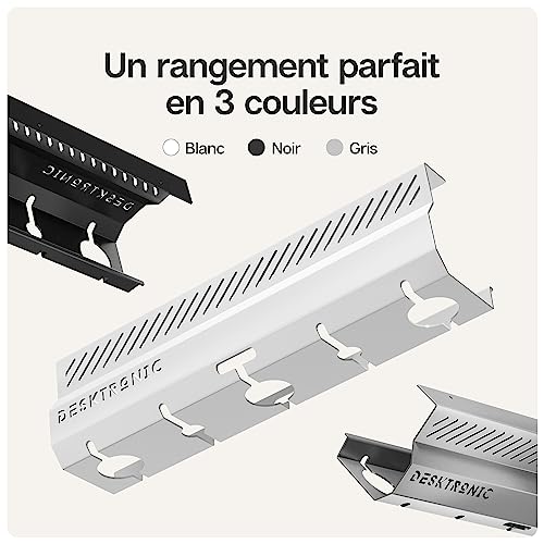 Desktronic Cable Duct Desk White Set of 2 - Stainless Steel Cable Management Desk Cable Duct with 5 Cable Cut-Outs - Easy to Install Cable Organiser - Cable Holder - 7