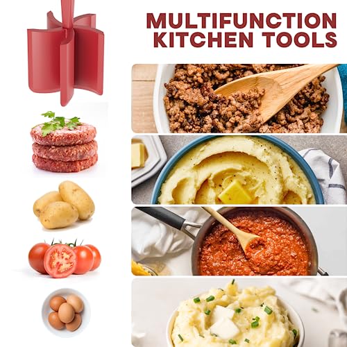 Image of Meat Chopper, Upgrade Hamburger Smasher, Premium Heat Resistant Meat Masher for Ground Beef, Ground Turkey and More, Non Stick Mix Grinder-Red | Heat Resistant, 5 Nylon Blade, Burger Grinder Potato Mix Tool, Meat & Poultry Tenderizers, Dishwasher Safe, Red