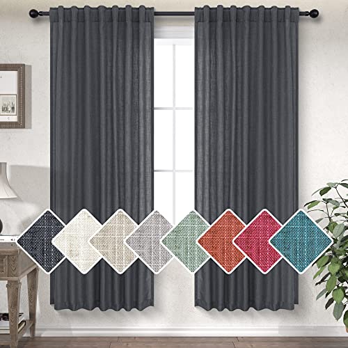 Charcoal Grey Curtains 63 Inch Length for Boys Bedroom 2 Panels Back Tab Pocket Lightweight Airy Light Filtering Semi Sheer Dark Gray Linen Curtains for Living Room Dining Bay Window Rustic 52x63 Long