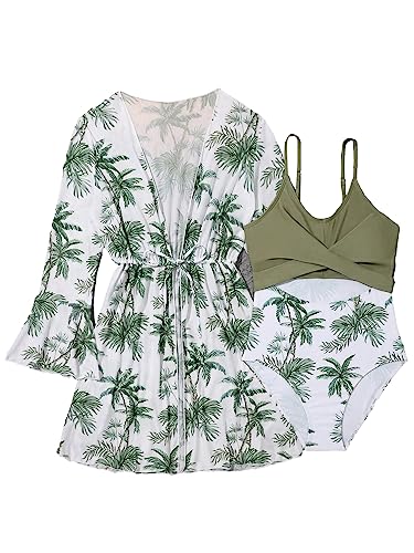 Image of WDIRARA Toddler Girl's Tropical Print Scoop Neck Cute Bikini 3 Piece Swimsuit with Kimono