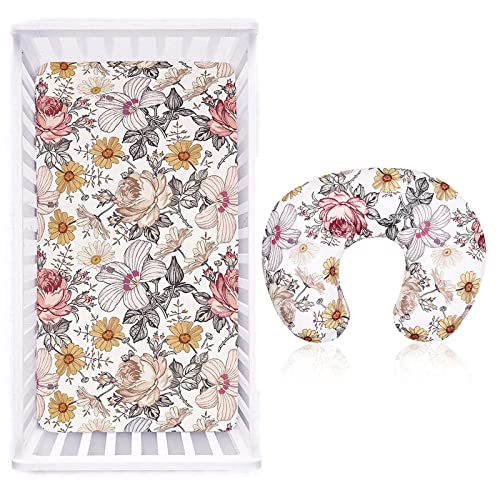 Image of HNHUAMING Floral Crib Sheet，Breastfeeding Pillow Slipcover for Baby Girls, Soft Snug Fits On Newborn Feeding Pillow Case