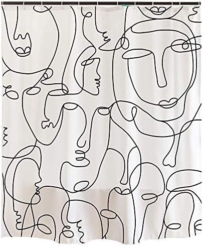 Ofat Home Original Design Modern Simple Abstract Face Black and White Shower Curtain with Hooks, Heavy Weighted Fabric Bathroom Curtain, No Liner Needed Waterproof Washable, 72"x72"