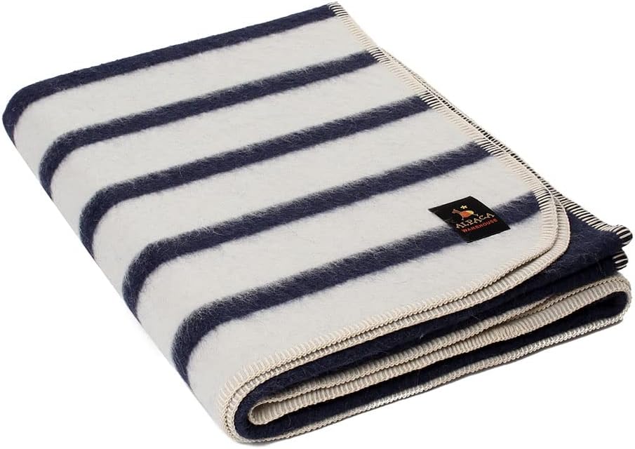 Thick Alpaca Wool Blanket Heavyweight for Camping Outdoors or Using Indoors | Soft Peruvian Alpaca Wool Blankets (Navy Blue/Ivory, Twin)