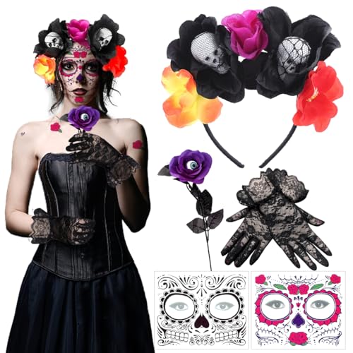 Diadema del Día de Muertos, Diadema Halloween Mujer con Tatuaje Cara Temporales, Guantes de Encaje y Flor Falsa, Diadema de Corona de Flores Mexicanas, Diadema Flores Mexicana para Carnaval Halloween