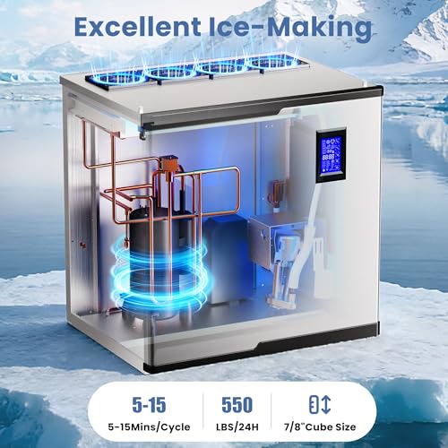 Image of Coolake Commercial Ice Maker Machine 550lbs /24H with 360lbs Storage, Ice Ready in 5-15 Mins, Self Cleaning, Stainless Steel Freestanding Ice Machine for Bar Restaurant Cafe Work Truck