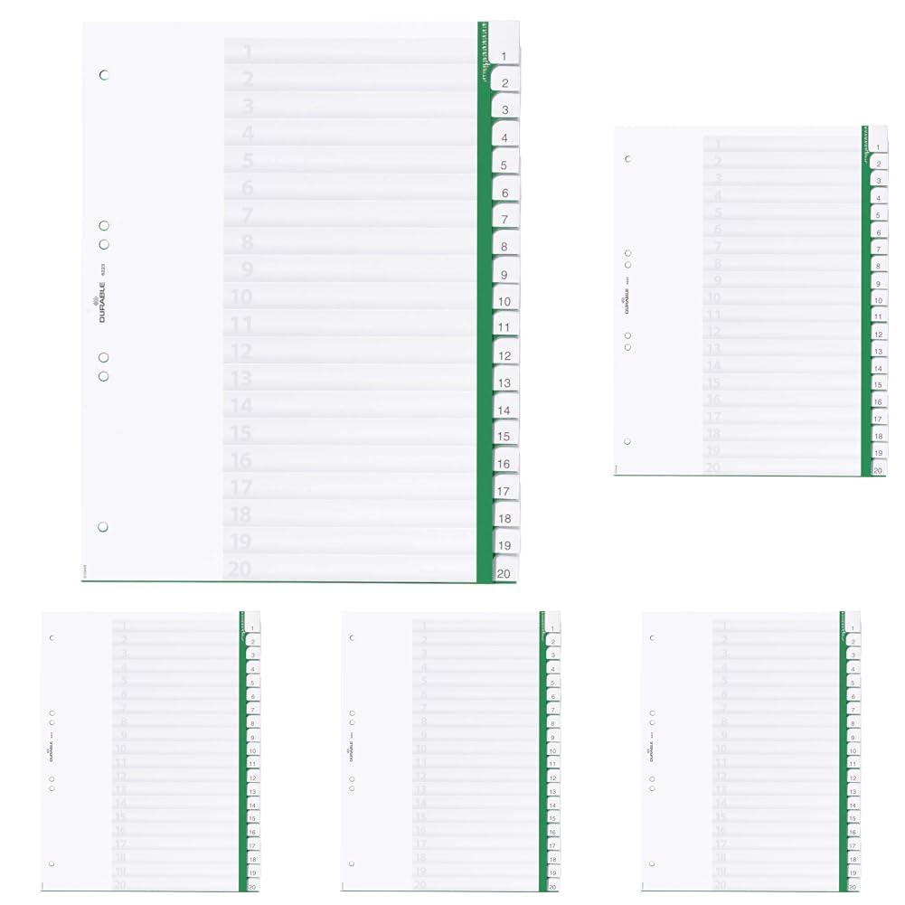 Durable Kunststoffregister mit blanko Taben, 20-teilig, A4 hoch, grün, 622305 (Packung mit 5)