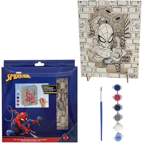 Kit Manualidades Spider-Man Escena de Madera para Pintar con Pincel y Pinturas Incluidas - Cuadro Pintar Spiderman Set Creativo Infantil con Diseño 3D de Superhéroe Marvel