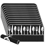 Oqqlin 12 Pcs Anti Tarnish Silver Storage Bags, Black Felt Flatware Organizer Felt Silver Protector Bags Place Setting Roll with White Ribbon for Kitchen, Fork, Spoon (19.7 x 9.4 Inch)