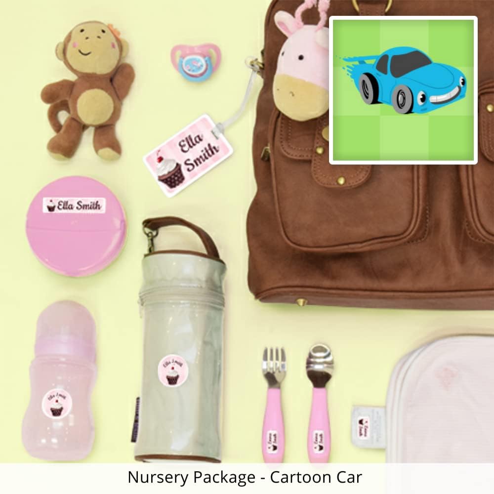 Nursery Package, 75 Durable Personalized Name Labels & Tags (Cartoon Car)